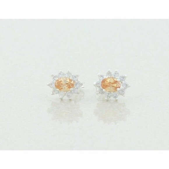 Sterling Silver Orange and White CZ Halo Earrings Stud Post Earrings - Picture 1 of 8